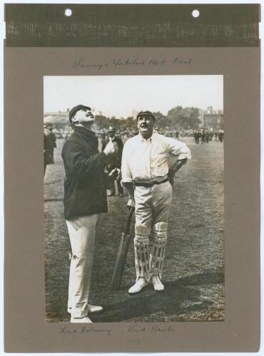Lord Hawke. Two early mono photographs featuring Lord Hawke, laid down to photograph album pages. One, with handwritten title &lsquo;Surrey v Yorkshire 1909. Oval&rsquo; (but probably 1906 or 1907), depicts Lord Dalmeny (Surrey) tossing for innings with Lord Hawke (Y