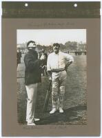 Lord Hawke. Two early mono photographs featuring Lord Hawke, laid down to photograph album pages. One, with handwritten title ‘Surrey v Yorkshire 1909. Oval’ (but probably 1906 or 1907), depicts Lord Dalmeny (Surrey) tossing for innings with Lord Hawke (Y