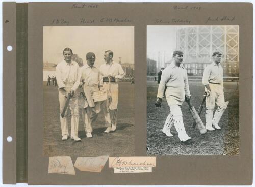 Kent C.C.C. 1908-1910. Three photograph album pages comprising nine early original mono photographs laid down back to back to the pages. Kent players depicted include S.H. Day, F.H. Huish, and C.H.B. Marsham in 1908 with signatures in ink of each player o