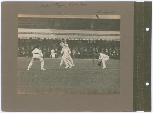 Gentlemen v Players. Lord’s 1909 & 1910. Four early original sepia photographs from Gentlemen v Players matches played at Lord’s with good scenes of match action and packed stands. Each photograph is laid individually to a photograph album page with handw