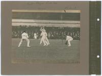 Gentlemen v Players. Lord’s 1909 & 1910. Four early original sepia photographs from Gentlemen v Players matches played at Lord’s with good scenes of match action and packed stands. Each photograph is laid individually to a photograph album page with handw