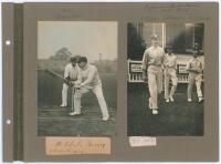 Bobby Abel (Surrey & England 1881-1904) and Tip Foster (Oxford University, Worcestershire & England 1987-1912). Two early original mono photographs laid down side by side to photograph album page, one depicting Abel in batting pose, wicket-keeper behind t