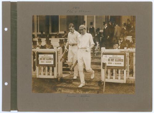 ‘Eton v Harrow’ 1910. Early original sepia photograph of the Harrow School opening batsmen, T.O. Jameson and T.B. Wilson, walking out to bat down the steps of the Lords’ pavilion in the match played 8th & 9th July 1910. The photograph measures 8.5”x6.5”, 