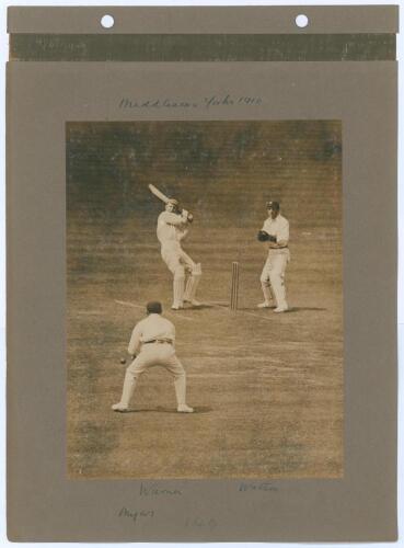 Middlesex v Yorkshire 1910. Two early sepia photographs, both depicting match action. The photographs are laid down individually to photograph album pages with handwritten titles and players’ names annotated in ink to margins. Named players featured inclu