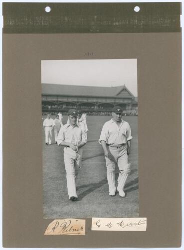 Yorkshire and Middlesex 1911. Two early mono photographs of Yorkshire and Middlesex players, walking on to the field of play. The photographs are laid down individually back to back on a photograph album page with &lsquo;1911&rsquo; and players&rsquo; names annotated in in