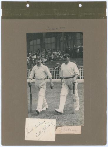 ‘Sussex 1911’. Early mono photograph of Ernest ‘Tim’ Killick and George Cox walking out to bat for Sussex in 1911. The photograph laid down to a photograph album page with handwritten title and names annotated in ink to margins, and signature in ink of Ki