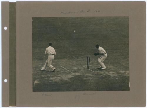 ‘Middlesex 1911 & 1913’. Three early mono and sepia photographs of Middlesex in match action v Hampshire 1911, v Essex at Leyton 1911, and v M.C.C. at Lord’s 1913. The photographs laid down individually to photograph album pages with handwritten titles an