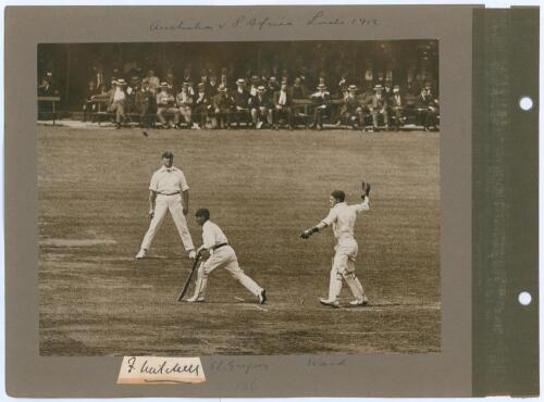 Triangular Test Tournament 1912. Two early mono photographs of action at Lord’s from the Triangular Test series. One of Australia v South Africa with the ink signature of South Africa captain, Frank Mitchell, on piece laid down, also Tommy Ward of South A