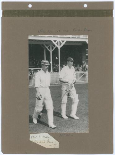 Gentlemen v Players, Scarborough 1913. Three early mono photographs laid back to back on two photograph album pages. One depicts F.L. Fane and M.C. Bird walking out to bat for the Gentlemen with signature in ink of Fane on piece laid down below. G.H. Hirs