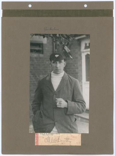 Yorkshire 1913. A nice early photograph of Major William Booth depicted three quarter length wearing blazer and Yorkshire cap. The photograph, measuring 4.75&rdquo;x8&rdquo;, is laid to photograph album page with signature of Booth in pencil on piece laid down below.