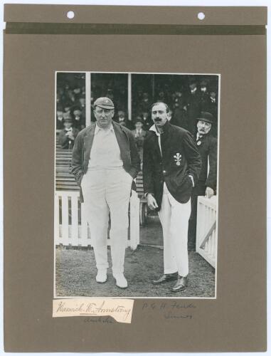 Australia tour to England 1921. Three photograph album pages comprising nine early mono and sepia photographs laid down back to back on pages, of which three relate to the 1921 Australian tour. The pages with handwritten titles and players&rsquo; names annotate