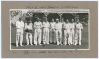 ‘Essex XI 1932 v Yorkshire at Scarborough’. Original mono photograph of ten members of the Essex team lined up in front of the crowded pavilion for the match played 10th- 12th August 1932. Very nicely signed in ink to the photograph by all ten featured pl