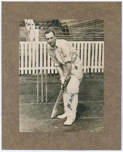 John Berry &lsquo;Jack Hobbs. Surrey & England 1905-1934. Nice original mono press photograph of Hobbs standing full length in batting pose in the nets. Beautifully signed in black ink to the photograph by Hobbs, with dedication in ink to the top edge, &lsquo;To Mr. 
