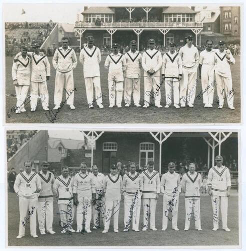 Yorkshire v. M.C.C. Scarborough 1928. Two original mono photographs depicting each of the two teams lined up in front of the pavilion at Scarborough with crowds in the background for the match played 1st- 4th September 1928. Both photographs fully signed 