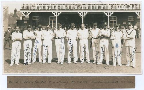 M.C.C. Australian Touring Team v C.I. Thornton’s XI, Scarborough 1928. Original mono photograph of C.I. Thornton’s XI lined up in front of the pavilion with crowds in the background, for the match played 5th- 7th September 1928. Nicely signed in ink to th