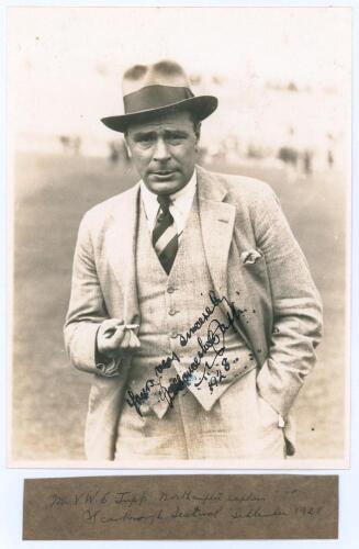 Vallance William Crisp Jupp. Sussex, Northamptonshire & England 1909-1938. Original sepia photograph of Jupp, half length wearing suit and trilby hat, cigarette in hand, at Scarborough for the match played 5th- 7th September 1928, in which Jupp played for