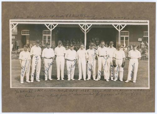 Yorkshire v. M.C.C., Scarborough 1929. Original mono photograph depicting the Yorkshire team lined up in front of the pavilion at Scarborough with spectators in the background for the match played 11th- 13th September 1929. Nicely signed in ink by nine of