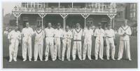 M.C.C. v Yorkshire, Scarborough 1930. Nice original mono photograph of the M.C.C. team lined up in front of the crowded pavilion for the match played 3rd- 5th September 1930. Fully signed in ink to the photograph by all eleven featured players. Signatures