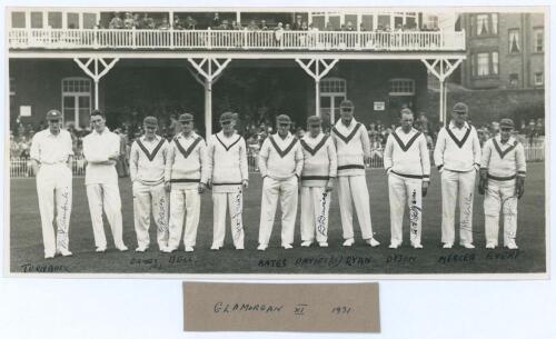 Yorkshire v Glamorgan, Scarborough 1931. Nice original mono photograph of the Glamorgan team lined up in front of the crowded pavilion for the match played 12th- 14th August 1931. Nicely signed in ink to the photograph by seven of the featured players. Si