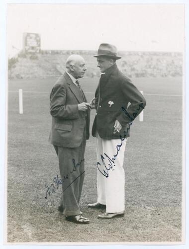 H.D.G. Leveson-Gower and George Macaulay, Scarborough 1931. Original mono photograph of Leveson-Gower wearing a suit and holding a cigar, in conversation with George Macaulay wearing cricket attire, Yorkshire blazer and trilby hat. The two depicted full l