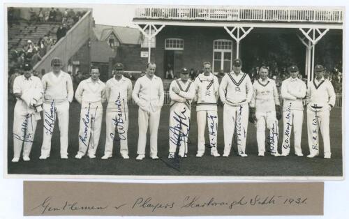 Gentlemen v Players, Scarborough 1931. Nice original mono photograph of the Gentlemen team lined up in front of the crowded pavilion for the match played 5th- 8th September 1931. Very nicely signed in ink to the photograph by ten of the featured players. 