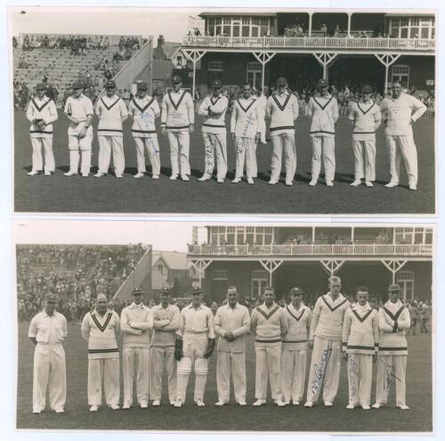 H.D.G. Leveson-Gower’s XI v M.C.C. Australian Touring Team. Scarborough 1932. Two original mono photographs depicting each of the two teams lined up in front of the pavilion at Scarborough with crowds in the background for the match played 3rd- 6th Septem