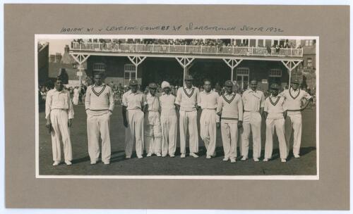 ‘Indian XI v Leveson-Gower’s XI. Scarborough Septr. 1932’. Original mono photograph of the Indian team lined up in front of the pavilion at Scarborough with crowds in the background for the match played 7th- 9th September 1932. Players featured include Na