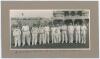 ‘Mr. H.D.G. Leveson-Gower’s XI v All India XI. Scarborough Sept. 1932’. Original mono photograph of the Leveson-Gower team lined up with the pavilion and stand with spectators in the background for the match played 7th- 9th September 1932. Nicely signed i