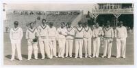 Yorkshire v Gloucestershire. Scarborough 1934. Original mono photograph of the Gloucestershire team lined up at Scarborough, the pavilion and stand with spectators in the background, for the match played 22nd - 24th August 1934. Players featured include B