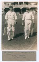 Gentlemen v Players, Scarborough 1934. Original mono photograph of E.R.T. Holmes and John Human walking out to bat for the Gentlemen at Scarborough, the pavilion with spectators in the background, for the match played 5th -7th September 1934. Very nicely 