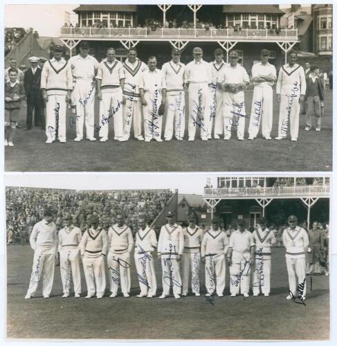 H.D.G. Leveson-Gower&rsquo;s XI v. M.C.C. Australian Touring Team. Scarborough 1936. Two original mono photographs depicting each of the two teams lined up in front of the pavilion and stand at Scarborough with crowds in the background for the match played 5th-