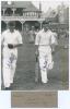 Arthur Mitchell and Len Hutton. Yorkshire v. M.C.C. Scarborough 1936. Original mono photograph of the Yorkshire opening batsmen, Mitchell and Hutton, walking out to bat with smiles on their faces, the pavilion and stand at Scarborough with crowds in the b