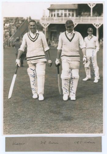Arthur Wellard, Freddie Brown and Errol Holmes. H.D.G. Leveson-Gower&rsquo;s XI v. M.C.C. Australian Touring Team, Scarborough 5th- 8th September 1936. Original mono photograph of Leveson-Gower&rsquo;s batsmen Wellard and Brown walking out to bat at Scarborough with 