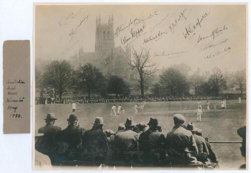 Australia tour to England 1930. Don Bradman&rsquo;s first tour. Lovely original and large sepia press photograph of the opening match of the tour, Worcestershire v Australians, 30th April- 2nd May 1930. The scene depicts the match in progress with spectators ar