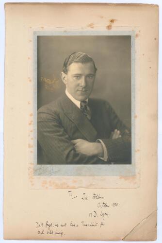 Malcolm Douglas &lsquo;Dar&rsquo; Lyon. Somerset & Cambridge University 1920-1938. Original and attractive sepia studio portrait photograph of Lyon, head and shoulders wearing formal attire. The photograph measures 5.5&rdquo;x7.5&rdquo;, laid to official photographer&rsquo;s mount. De