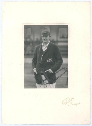 Ernest Fitzherbert Holdsworth. Yorkshire 2nd XI 1897-1925. Original mono photograph of Holdsworth depicted three quarter length wearing cricket attire and &lsquo;Y.C.C.C.&rsquo; cap and blazer. Very nicely signed in black ink to the photograph by Holdsworth. The phot