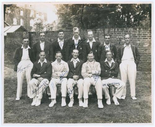 England v All India. Lord&rsquo;s 1932. Large original mono press photograph of the twelve members of the England team for the only Test match of the tour, 25th- 28th June 1932. The players depicted seated and standing in rows wearing cricket attire and assorte