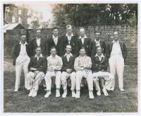 England v All India. Lord’s 1932. Large original mono press photograph of the twelve members of the England team for the only Test match of the tour, 25th- 28th June 1932. The players depicted seated and standing in rows wearing cricket attire and assorte