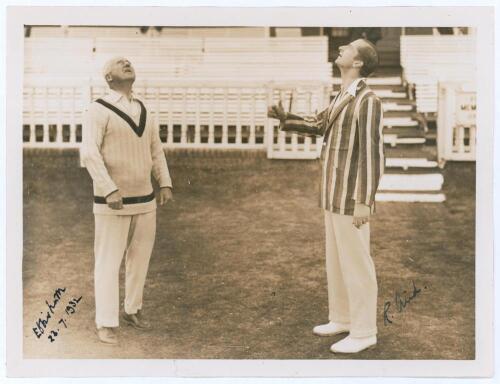 Ronnie Aird and Baron Ebbisham 1932. Original sepia press photograph of the captains, Aird and Rowland Blades (Ebbisham), tossing for innings for the match M.C.C. v Lords and Commons, 23rd July 1932. The photograph nicely signed in ink by both Aird and &lsquo;E