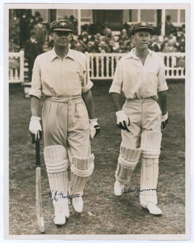 Australia tour to England 1934. Large original sepia press photograph of Bill Woodfull and Bill Brown walking out to bat for Australia in the 2nd Test, Lord&rsquo;s 22nd- 25th June 1934. The photograph very nicely signed in ink by both Woodfull and Brown. Sport