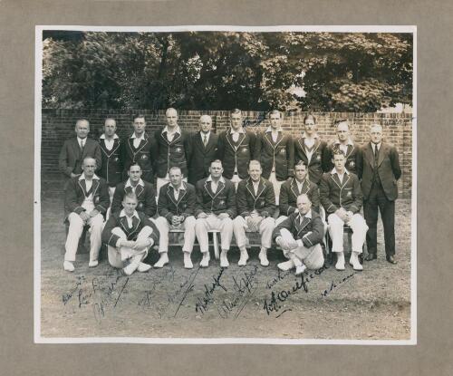 Australia tour to England 1934. Large original mono press photograph of the full Australian touring party taken at Lord’s. Players depicted seated and standing in rows wearing tour blazers. Nicely signed in ink by eighteen members of the party, however so