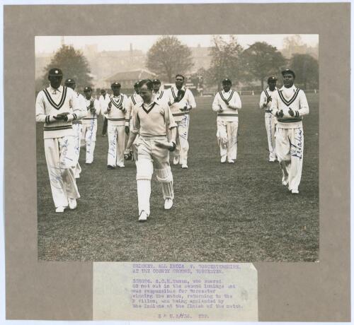 All India tour to England 1936. Large original mono press photograph of the Indian team applauding Roger Human of Worcestershire leaving the field in the tour match played at Worcester, 2nd- 5th May 1936. Typed press caption below the photograph describes