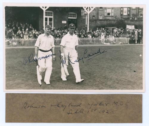 &lsquo;Robinson and Leyland. Yorks v M.C.C.&rsquo; 1928. Original mono real photograph postcard of Emmott Robinson and Maurice Leyland walking out to bat for Yorkshire in the match played at Scarborough 1st- 3rd September 1928. Nicely signed in ink to the photograph 