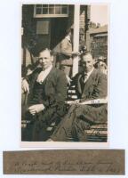 ‘A. Peach and A. Sandham, Surrey. Scarborough Pavilion’ 1928. Original sepia real photograph plain back postcard of Alan Peach and Andy Sandham seated on the pavilion steps at Scarborough, wearing formal attire. Nicely signed and dedicated in ink by both 