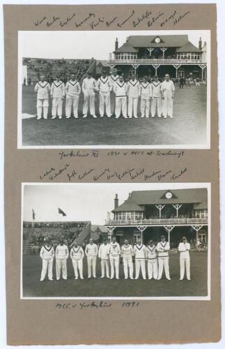 Yorkshire v M.C.C. Scarborough 1931. A pair of original mono real photograph postcards of each of the teams lined up in a row wearing cricket attire, the pavilion in the background, for the match played 2nd- 4th September 1931. The postcards, presumably b