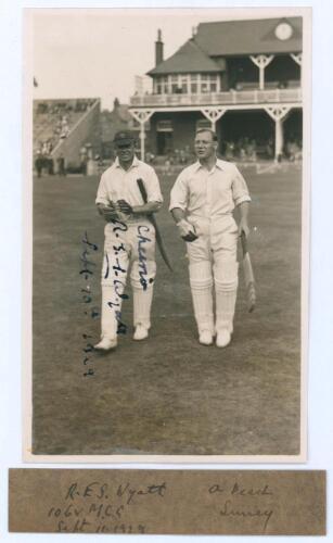 Robert Elliott Storey ‘Bob’ Wyatt. Warwickshire, Worcestershire & England 1923-1951. Original mono real photograph plain back postcard of Wyatt walking out to bat with Alan Peach for Lord Hawke’s XI v M.C.C. Australian Touring Team at Scarborough, 7th- 10