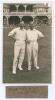 ‘Peach & Sandham’ 1929. Original sepia real photograph plain back postcard of Alan Peach and Andy Sandham standing side by side on the outfield wearing cricket attire at Scarborough with the pavilion in the background. Both players appeared for Lord Hawke