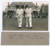 Gentlemen v Players. Scarborough 1934. Original mono real photograph postcard of Les Townsend and Stan Nichols walking out to bat for the Players at Scarborough in the match played 5th- 7th September 1934. Very nicely signed in ink to the photograph by bo