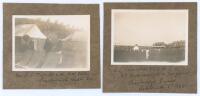 Scarborough Cricket Festival September 1928. A pair of small candid sepia photographs taken at Scarborough. One depicts C.I. Thornton in conversation with Frank Gilligan surrounded by marquees and deckchairs, the other of play in progress in the match C.I