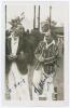 Nigel Haig and Vallance Jupp. Scarborough 1931. Original mono real photograph postcard of Haig and Jupp at Scarborough in 1938, both depicted off-field wearing cricket attire and blazers. Bill Bowes is in the background. Very nicely signed in ink to the p